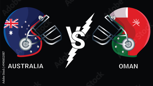 Epic Cricket Face-Off: Australia vs Oman helmet showdown with black background