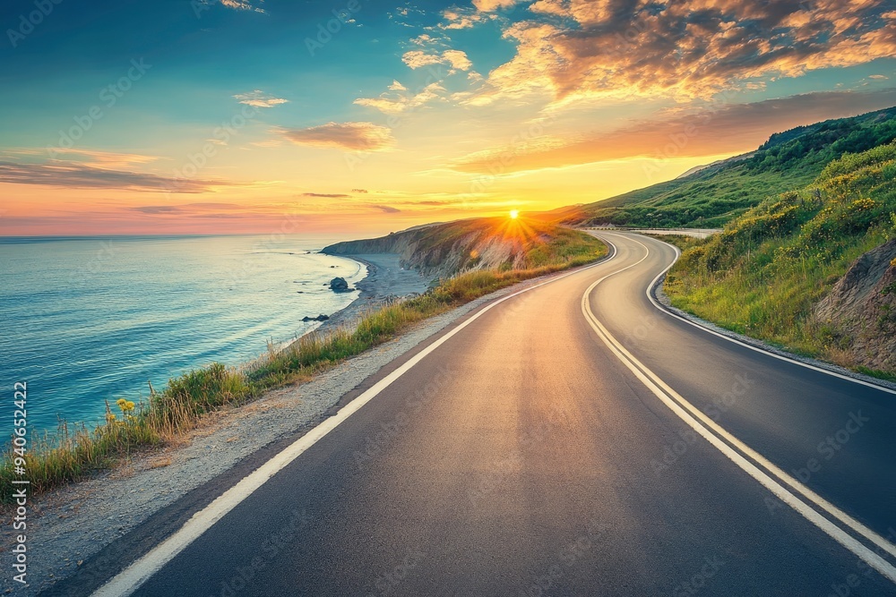 Naklejka premium road landscape on summer in sunset. highway landscape at colorful sunset. Road view on the beach in summertime. colorful seascape with beautiful road scenery. Highway view on beach for vacation , ai
