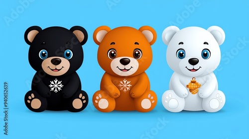 A cute collection of three colorful bear toys, perfect for children's decor or playful design elements.