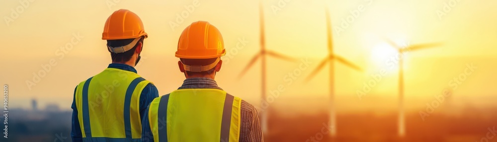 Engineers in highvisibility vests and helmets surveying wind turbines at dusk, symbolizing the future of renewable energy in a stunning sunset backdrop Engineers in highvisibility vests and helmets surveying wind turbines at dusk, symbolizing the future of renewable energy in a stunning sunset backdrop