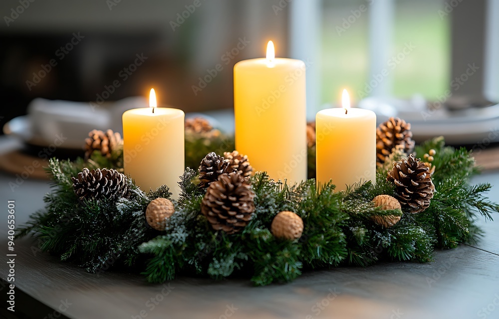 Stunning four white candles on an altar, surrounded by evergreen branches and red berries Stunning four white candles on an altar, surrounded by evergreen branches and red berries