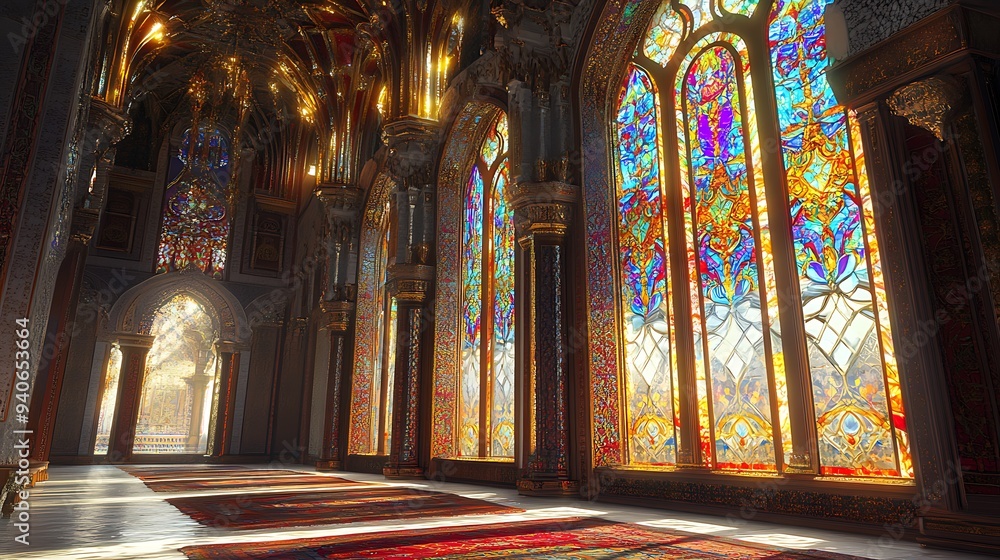 Fototapeta premium Enchanting Royal Palace Interior with Towering Stained Glass Windows