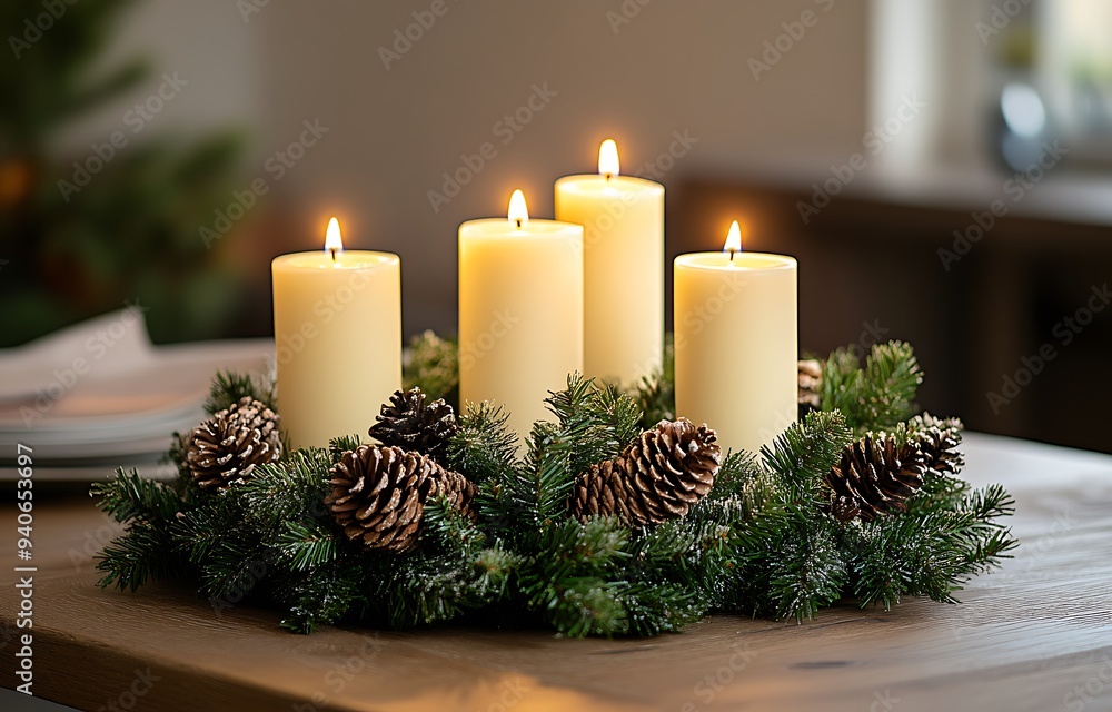 Stunning four white candles on an altar, surrounded by evergreen branches and red berries Stunning four white candles on an altar, surrounded by evergreen branches and red berries