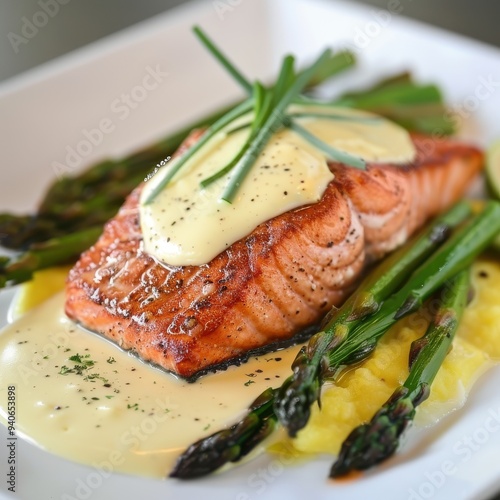 pan seared salmon with mashed potatoes asparagus and hollandaise sauce
