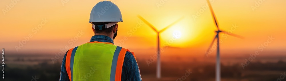 Engineers in highvisibility vests and helmets surveying wind turbines at dusk, symbolizing the future of renewable energy in a stunning sunset backdrop Engineers in highvisibility vests and helmets surveying wind turbines at dusk, symbolizing the future of renewable energy in a stunning sunset backdrop