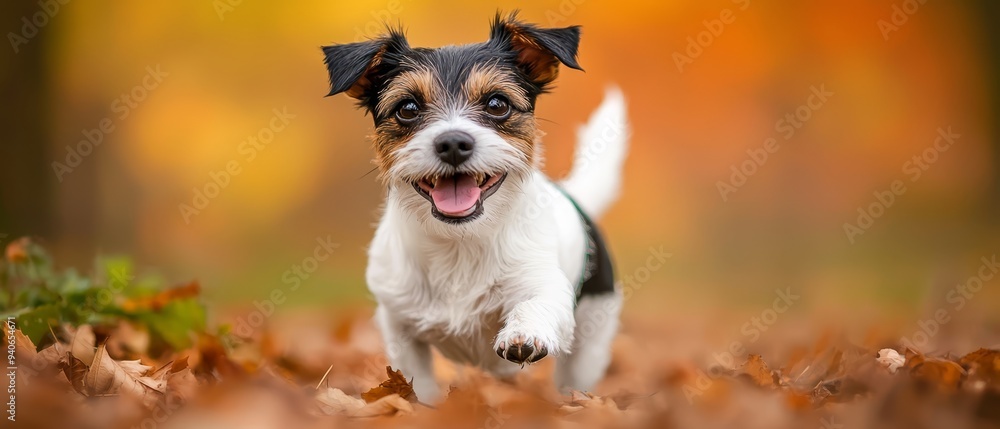 A small black-and-white dog runs joyfully through a pile of leaves, its mouth open and tongue out A small black-and-white dog runs joyfully through a pile of leaves, its mouth open and tongue out