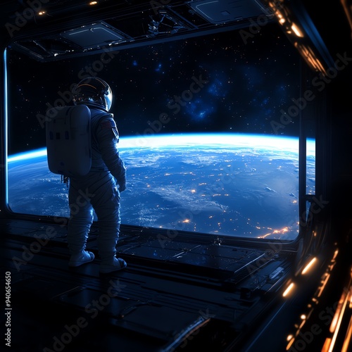 Astronaut gazing at Earth from a spaceship window.