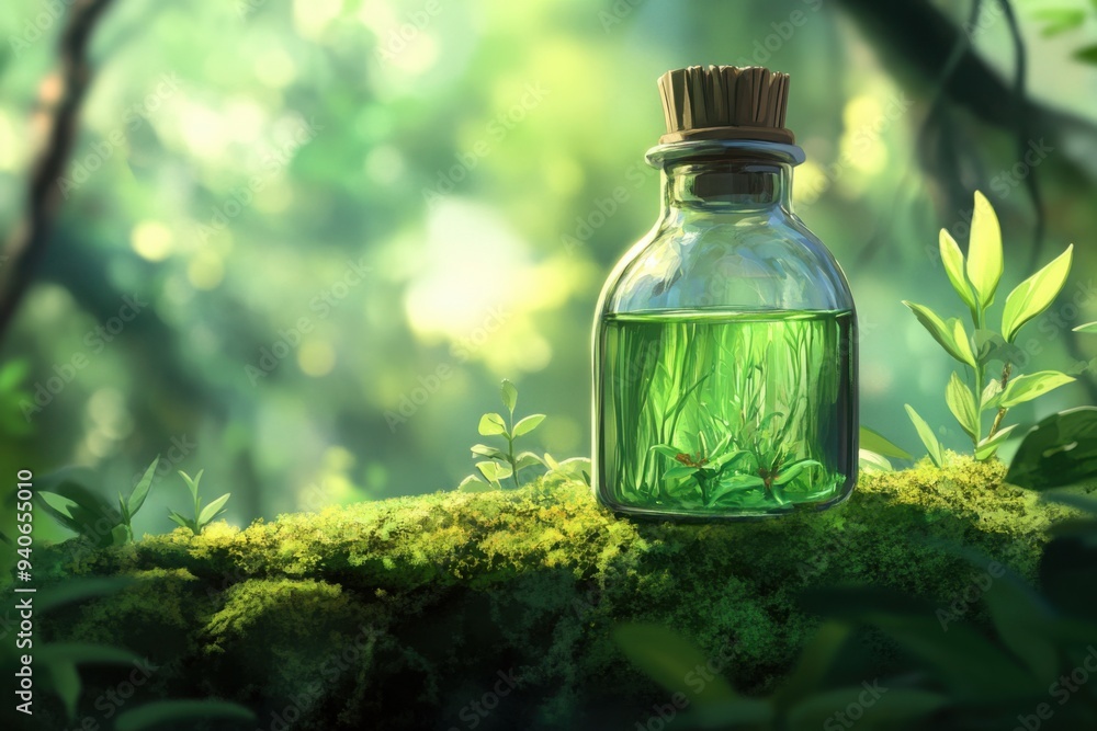 Glass Bottle with Green Elixir in Forest Setting Glass Bottle with Green Elixir in Forest Setting