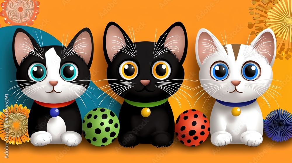 Fototapeta premium Three colorful cartoon cats surrounded by playfully decorated Easter eggs on a vibrant orange background.