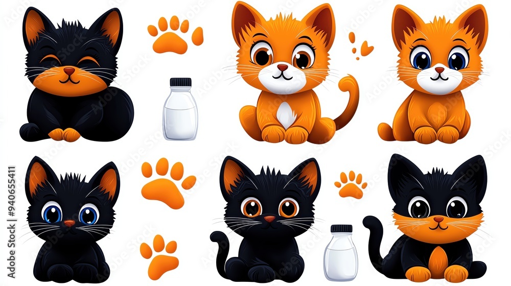 Cute cartoon kittens in various poses, featuring black and orange fur, playful expressions, and iconic paw prints. Cute cartoon kittens in various poses, featuring black and orange fur, playful expressions, and iconic paw prints.