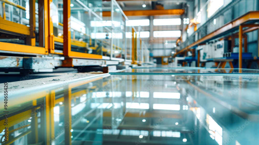 Naklejka premium Brightly lit factory floor features advanced glass processing equipment and pristine, reflective glass sheets ready for production
