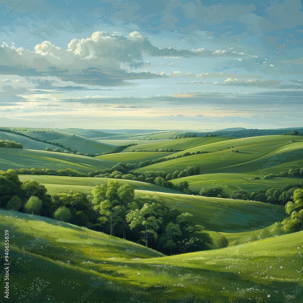 Obraz premium serene view of nature, rolling green meadows, soft blue sky, soft light 