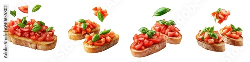 Fresh bruschetta with diced tomatoes, basil, and olive oil on crispy bread slices, ideal for appetizers and Italian cuisine themes.