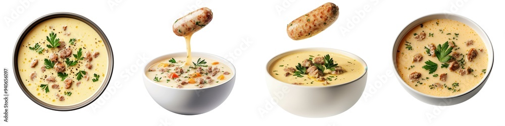 A collection of creamy soup bowls garnished with herbs and croutons, showcasing rich texture and appetizing presentation against a white background. A collection of creamy soup bowls garnished with herbs and croutons, showcasing rich texture and appetizing presentation against a white background.