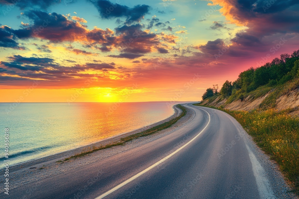 road landscape on summer in sunset. highway landscape at colorful sunset. Road view on the beach in summertime. colorful seascape with beautiful road scenery. Highway view on beach for vacation , ai road landscape on summer in sunset. highway landscape at colorful sunset. Road view on the beach in summertime. colorful seascape with beautiful road scenery. Highway view on beach for vacation , ai