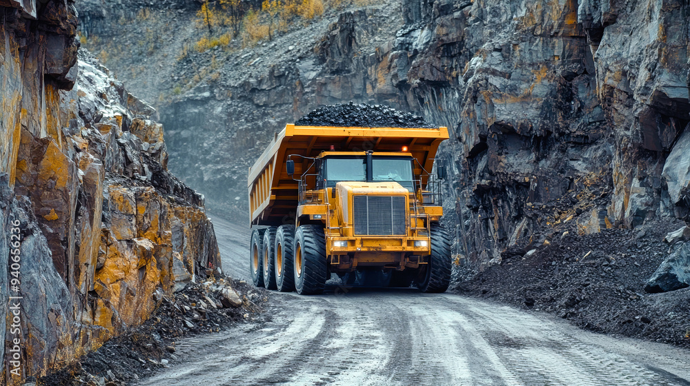 A massive dump truck maneuvers through a quarry, carrying a full load of coal along a winding road surrounded by rocky cliffs A massive dump truck maneuvers through a quarry, carrying a full load of coal along a winding road surrounded by rocky cliffs