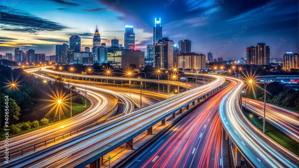 Obraz premium Highway lights illuminating cityscape with streaks of traffic at night, long exposure photography