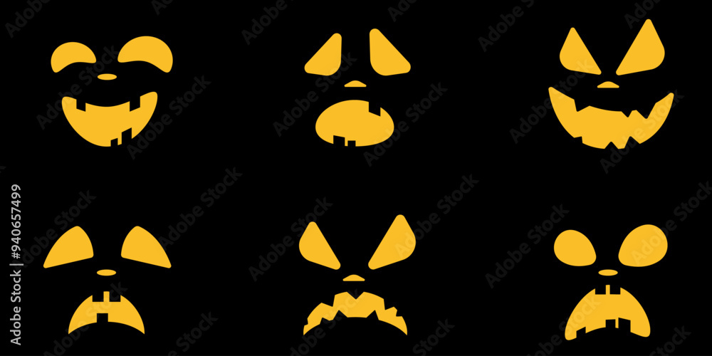 Set of cartoon emotional faces with evil smile and scary glowing eyes on black background. Halloween collection of characters with angry smiles. Vector illustration. EPS 10 Set of cartoon emotional faces with evil smile and scary glowing eyes on black background. Halloween collection of characters with angry smiles. Vector illustration. EPS 10