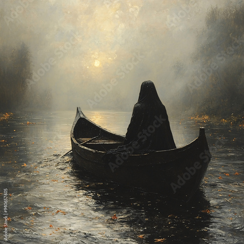 The image shows a ferryman navigating a boat across the river in a peaceful rural landscape.