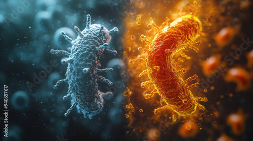 A creative split-screen image showing real bacteria under a microscope on one side, and an artistic interpretation on the other.