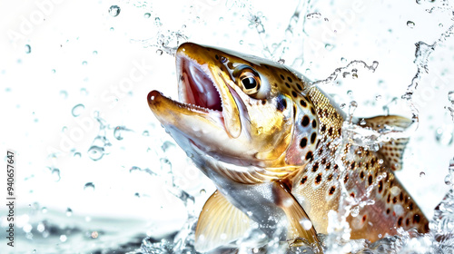 A stunning trout bursts from the water, mouth agape, sending shimmering droplets flying in a captivating display of aquatic energy