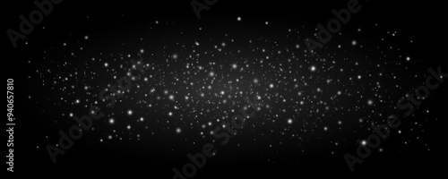 Abstract white blurred dust with flying lights bokeh on black background. Stardust glowing in the night. Light effects. Black outer space. Vector illustration. EPS 10.