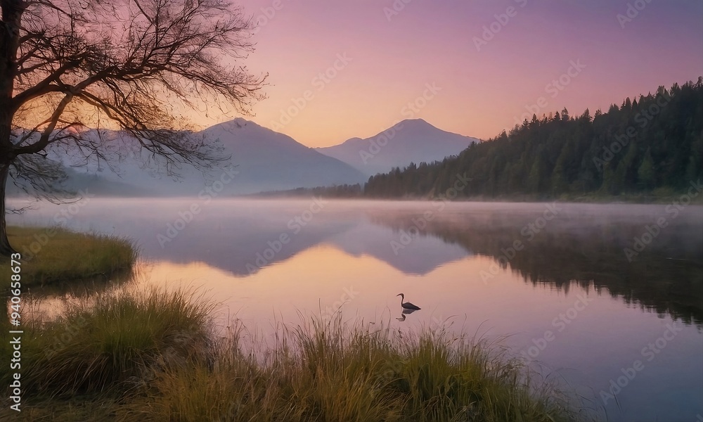 Fototapeta premium Sunset Gradient Reflections on a Serene Lake with a Lone Tree, and Misty Mountains