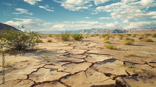 an image of a desert with cracked earth and sparse vegetation