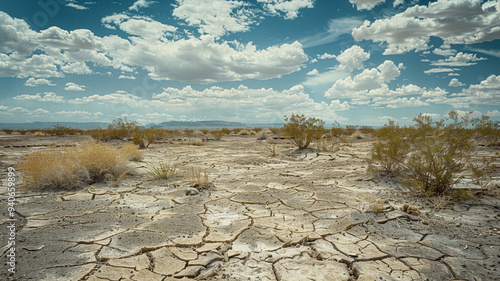 an image of a desert with cracked earth and sparse vegetation