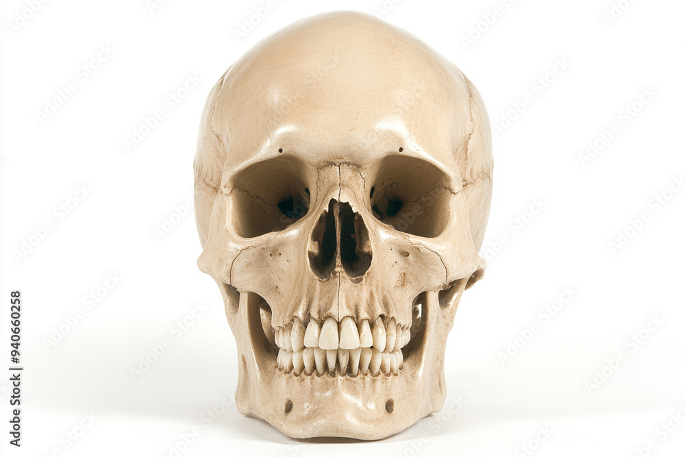 Fototapeta premium Realistic Human Skull on White Background with Dramatic Lighting