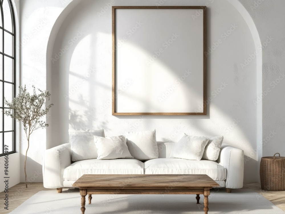 Fototapeta premium Grunge coffee table with art deco white sofa and arched window in minimalist living room