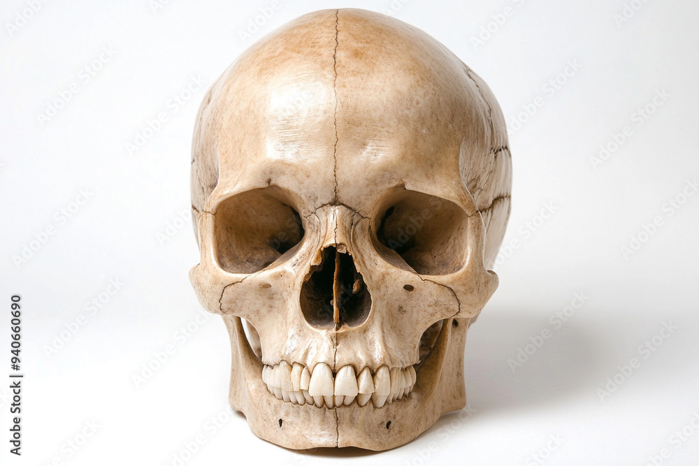 Realistic Human Skull on White Background with Dramatic Lighting Realistic Human Skull on White Background with Dramatic Lighting