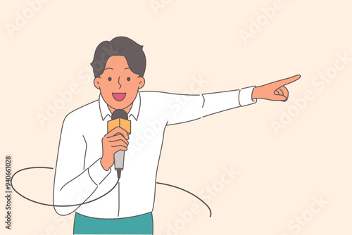 Man TV presenter tells breaking news holding microphone and pointing finger to side