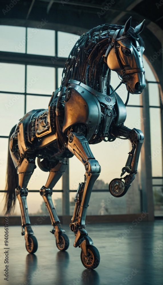 mechanical horse on wheels, futuristic robot. Ai generated image mechanical horse on wheels, futuristic robot. Ai generated image