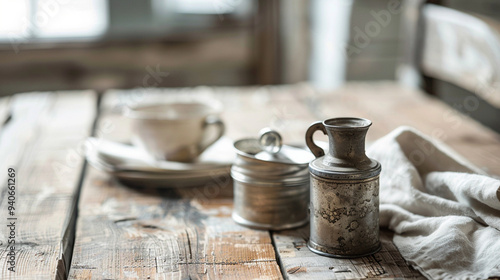 A close-up of a rustic wooden table with a vintage metal sugar jar and napkin holder photo