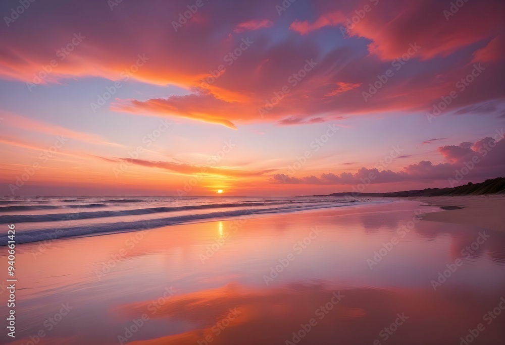a vibrant beach scene during sunset, with the sun dipping below the horizon, casting orange and pink hues across the sky and reflecting on the water a vibrant beach scene during sunset, with the sun dipping below the horizon, casting orange and pink hues across the sky and reflecting on the water