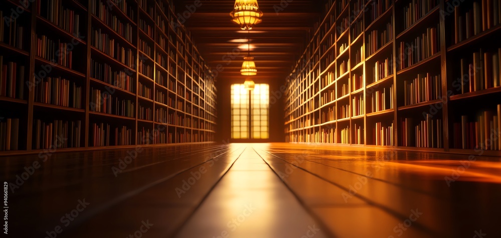 Long hallway lined with bookshelves leading to bright light at the end. Long hallway lined with bookshelves leading to bright light at the end.