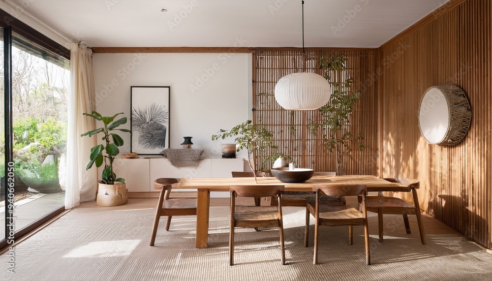 Fototapeta premium Minimalist, japandi interior design of modern living room with dining table.