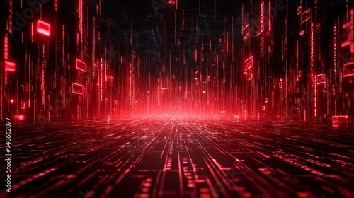 Digital Rain: Red glowing lines cascade down a futuristic cityscape, creating a mesmerizing and abstract backdrop for tech, innovation, and the digital age. 