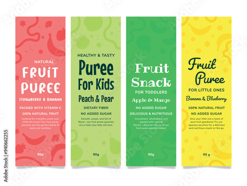 Fruit puree kids natural healthy snack label design template set vector flat illustration
