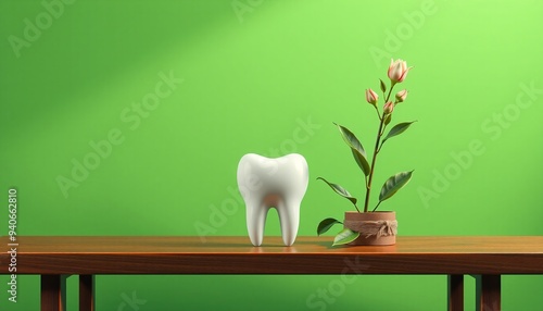 Eco-friendly teeth set against a green background. Thick layers of paint highlight the natural, clean qualities and emphasize a commitment to sustainability, Generative AI. photo