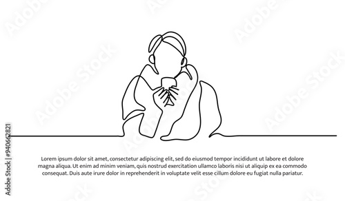 Continuous line design of a boy feels cold and flu. Single line decorative element drawn on white background.