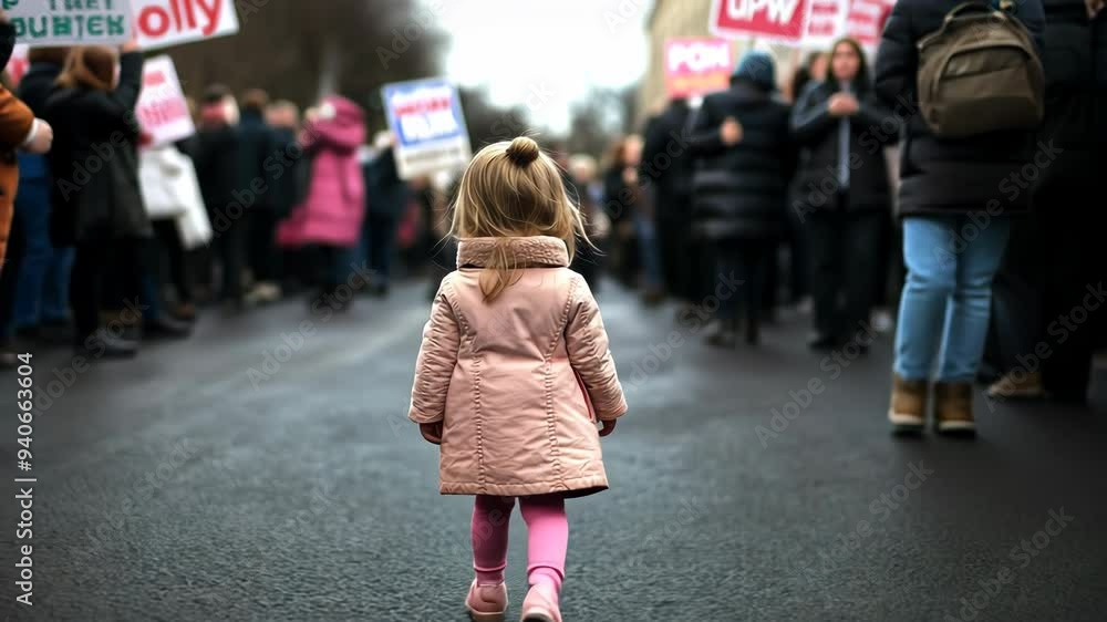 A little girl in a pink jacket confidently walks among the crowd of ...