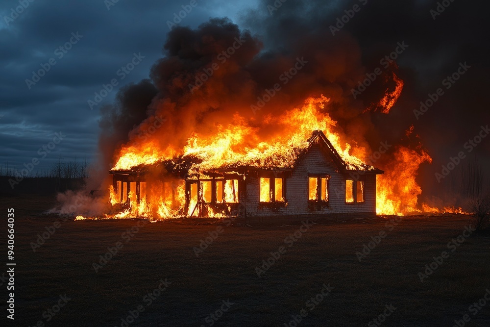 A Residential House Engulfed in Flames and Smoke at Night A Residential House Engulfed in Flames and Smoke at Night