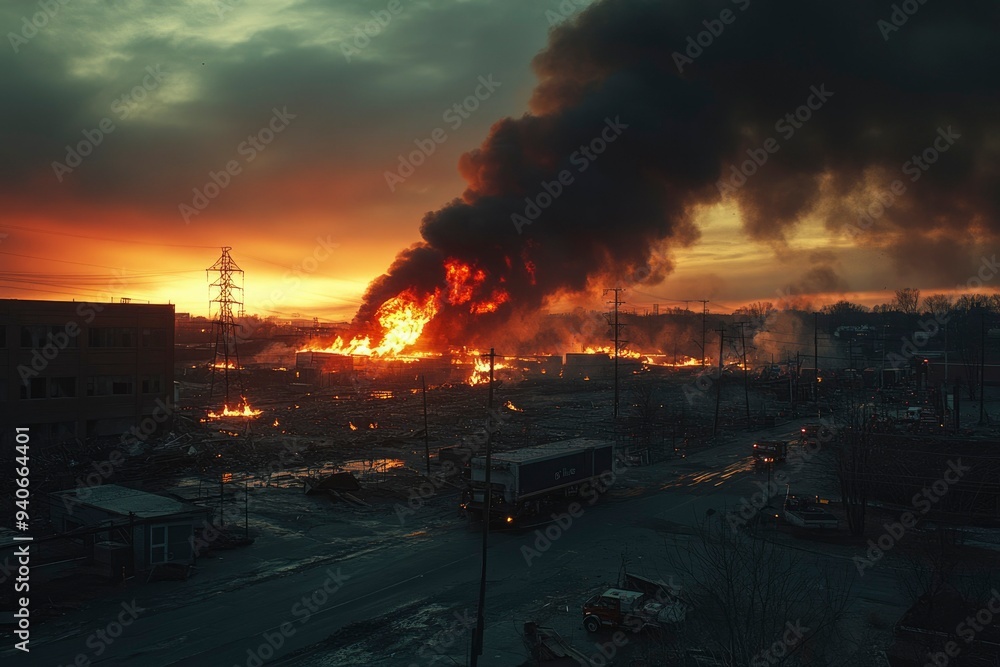 Large Fire Engulfs Industrial Buildings at Dusk Large Fire Engulfs Industrial Buildings at Dusk