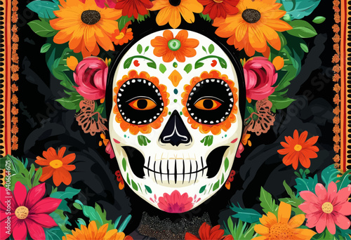 Dia de los Muertos (Day of the Dead) Skull with Vibrant Flower Decorations