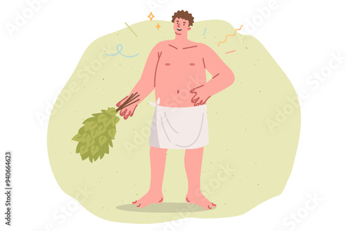Smiling man bathhouse attendant holds birch broom for massage procedures in bathhouse