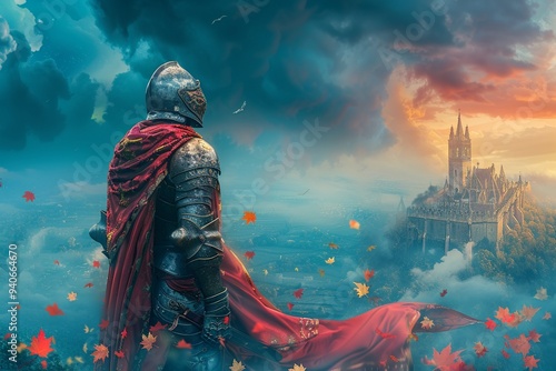 A futuristic reimagining of a chivalrous knight in hightech armor, defending a digitally enhanced medieval stronghold, Futuristic, 3D Rendering