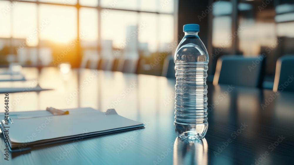 A water bottle on a conference table with folders, illuminated by sunlight. A water bottle on a conference table with folders, illuminated by sunlight.