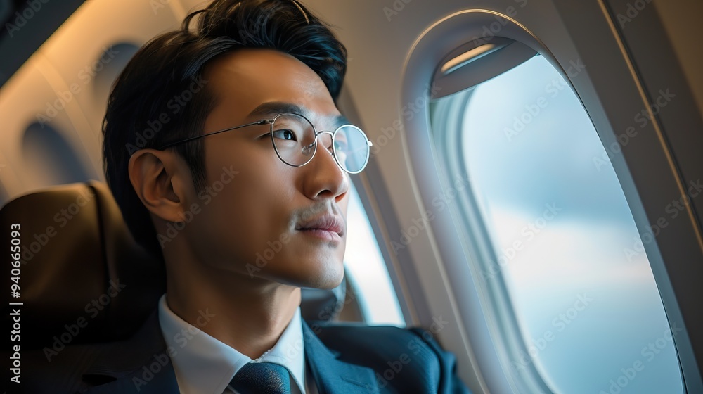 A thoughtful businessman gazing out of an airplane window, reflecting on travel and new opportunities during a flight. A thoughtful businessman gazing out of an airplane window, reflecting on travel and new opportunities during a flight.